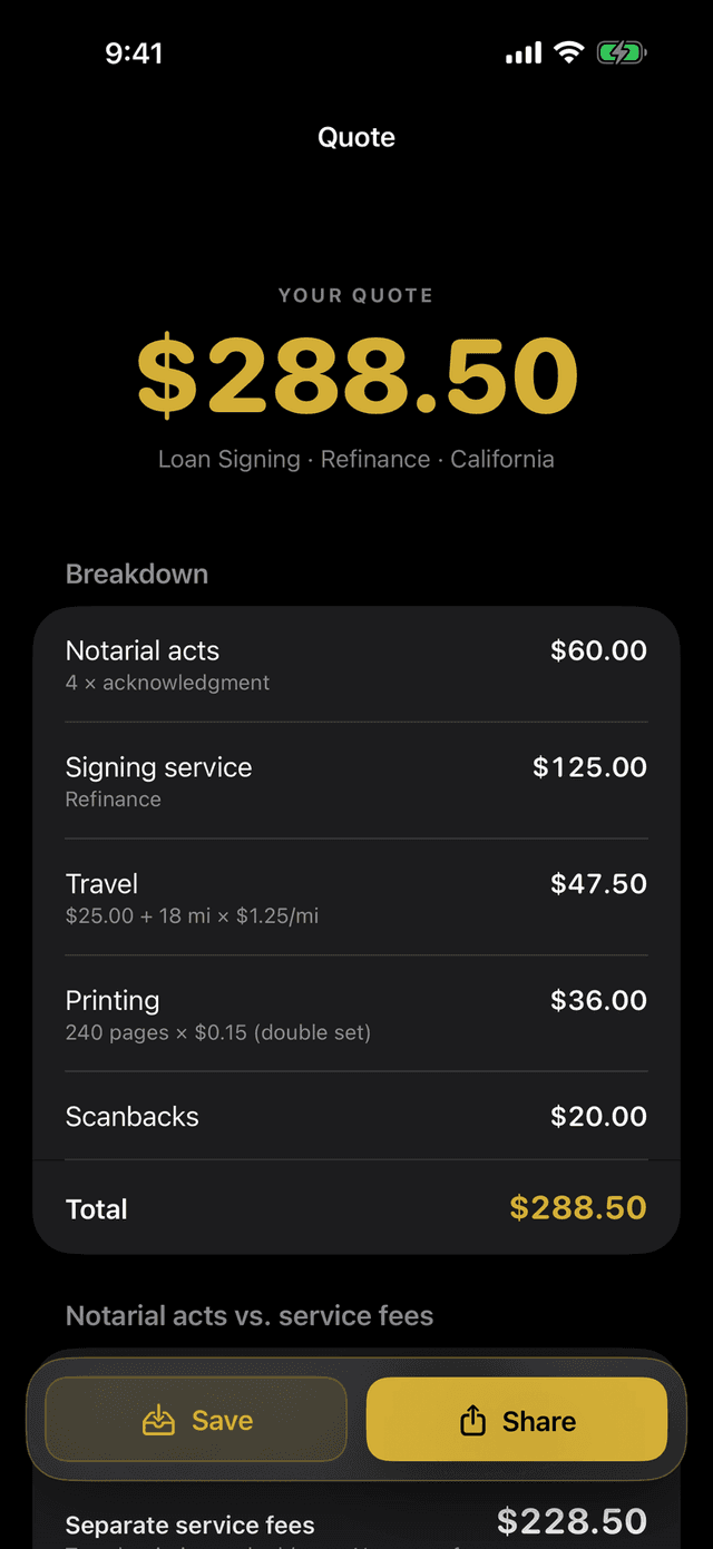 Quote result in the app: $288.50 total with notarial acts, signing service, travel, printing and scanbacks